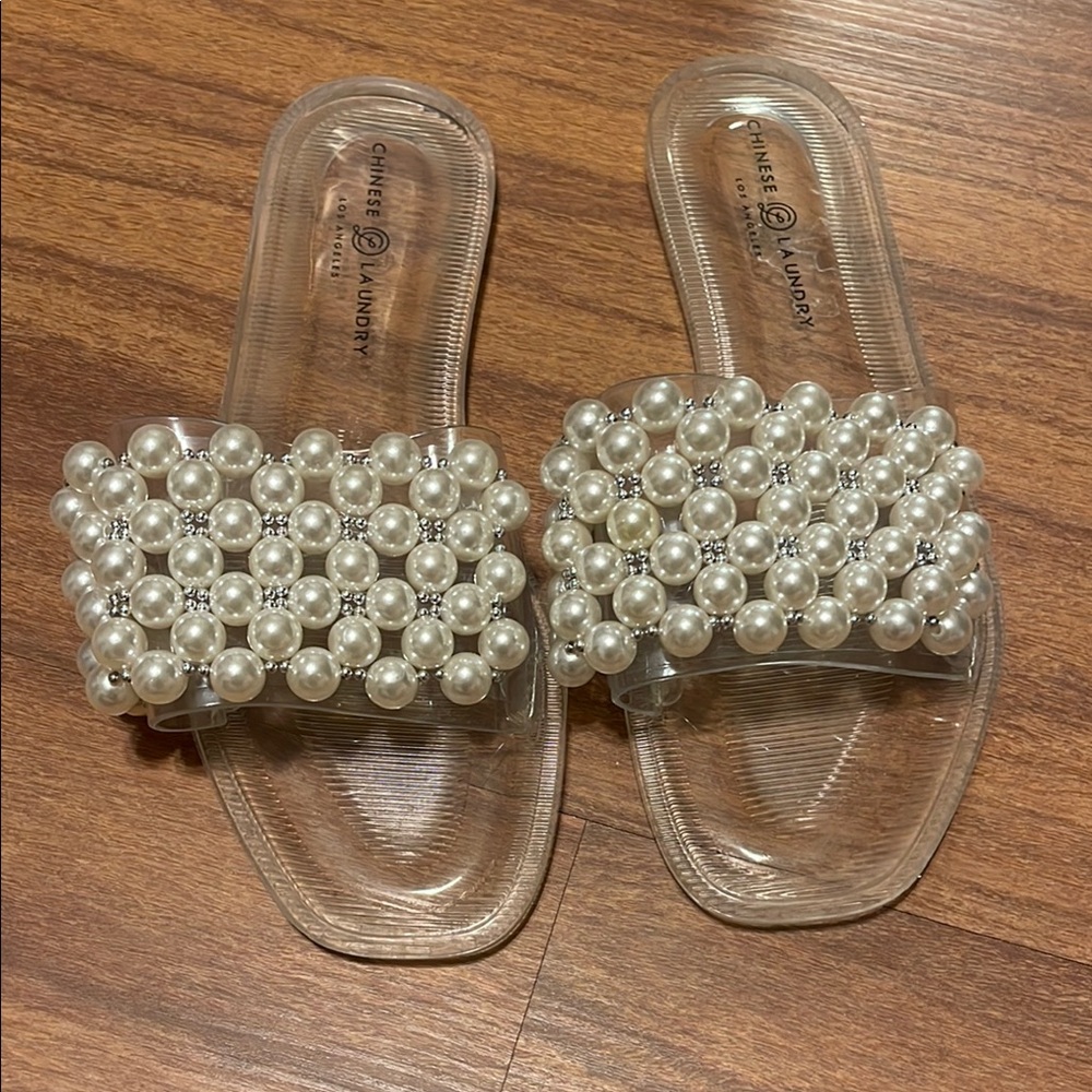 Chinese Laundry Cream Sandals with Pearl Accents